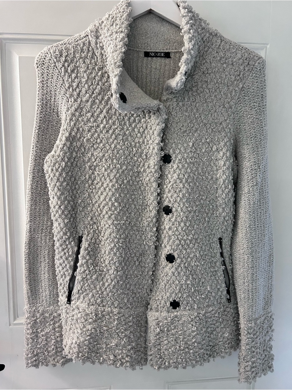 NIC+ZOE Light Gray Textured Teddy Jacket with Zip Pockets